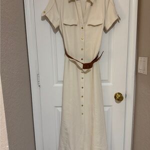Zara Cream Midi Shirt Dress with Brown Belt
